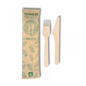 Set bis tacamuri bio. lemn, furculita + cutit + servetel (50buc) Tacamuri biodegradabile 24,82 lei