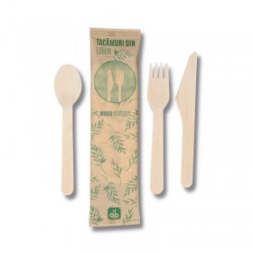 Set tris tacamuri bio. lemn, furculita + lingura + cutit + servetel (500buc) Tacamuri biodegradabile 309,40 lei