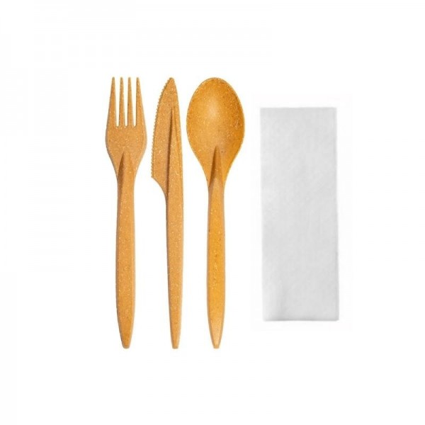 Set tris tacamuri reutilizabile, fibra lemnoasa, lingura + furculita + cutit + servetel (100buc) Produse 77,10 lei