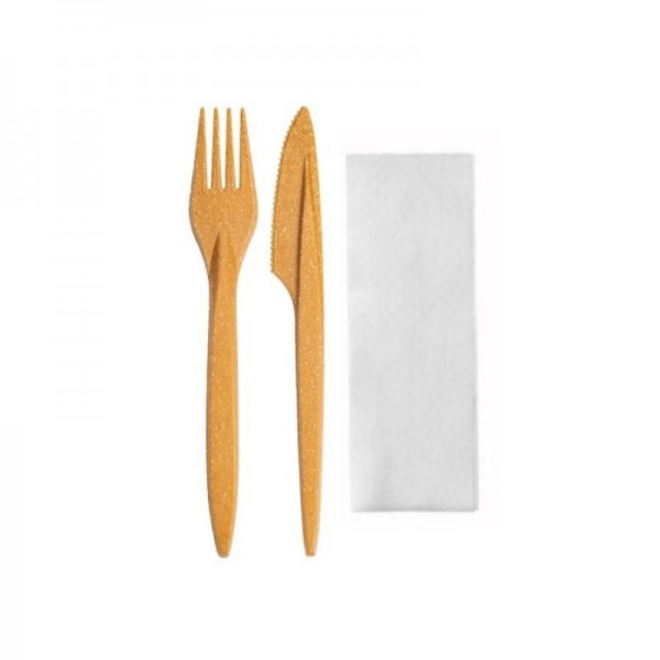 Set bis tacamuri reutilizabile, fibra lemnoasa, furculita + cutit + servetel (100buc) Produse 52,76 lei