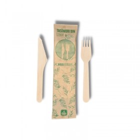 Set bis tacamuri bio. lemn, furculita + cutit + servetel (100buc) Tacamuri biodegradabile 45,82 lei