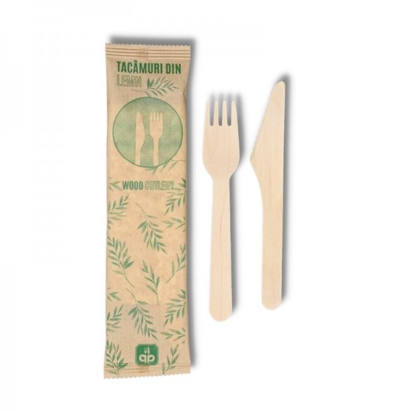 Set bis tacamuri bio. lemn, furculita + cutit + servetel (100buc) Tacamuri biodegradabile 47,19 lei