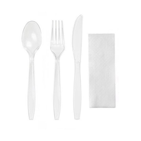 Set tris, tacamuri transparente, reutilizabile, lingura + furculita + cutit + servetel (100buc) Produse 31,39 lei