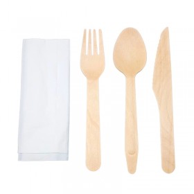 Set tris tacamuri bio. lemn, furculita + lingura + cutit + servetel, sare si piper (500buc) Tacamuri biodegradabile 423,29 lei