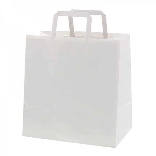 Punga hartie alba, maner plat, 33x25x39cm, 100buc Pungi albe cu maner 131,04 lei