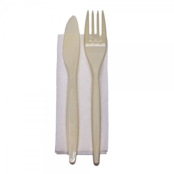 Set bis, tacamuri crem, reutilizabile, furculita + cutit + servetel, 100buc Produse 19,79 lei