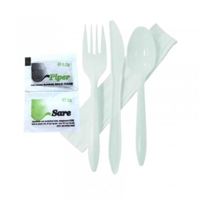 Set tris bio CPLA , lingura + furculita + cutit + servetel + sare + piper (100buc) Produse 56,74 lei