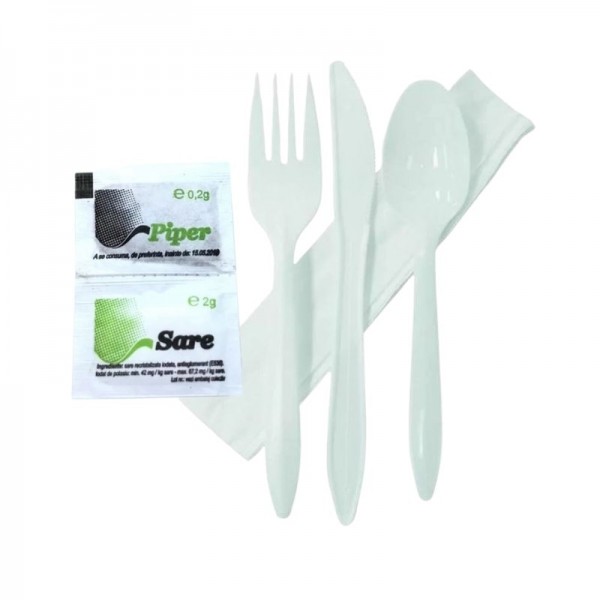 Set tris bio CPLA , lingura + furculita + cutit + servetel + sare + piper (100buc) Produse 56,74 lei