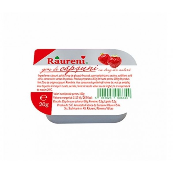 Raureni, gem de capsuni, 20gr, 40buc Produse din fructe - 1 Set 40 mono-doze de gem de căpșuni Râureni, 20g. Ideal pentru mic d