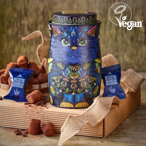 Cutie metalica cu Trufe din ciocolata vegana Monty Bojangles Persian Cat Midnight Prince 135G Produse 115,00 lei