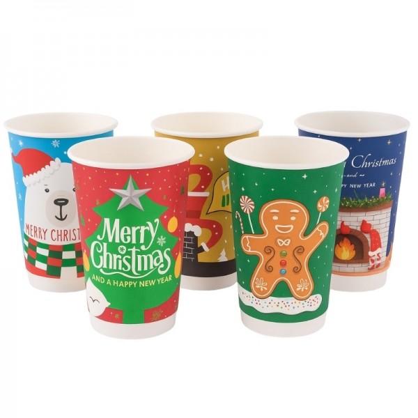 Pahare carton 470ml - 16oz Christmas, double wall D90, 25buc Pahare bauturi calde 13,23 lei