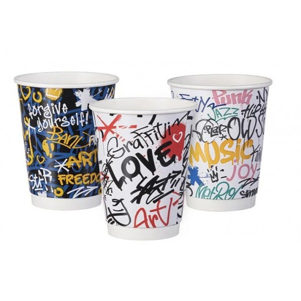 Pahare carton 350ml - 12oz, perete dublu, Graffiti Mix, D90, 25buc Produse 9,90 lei