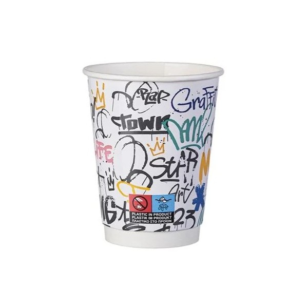 Pahare carton 350ml - 12oz, perete dublu, Graffiti Mix, D90, 25buc Produse 9,90 lei