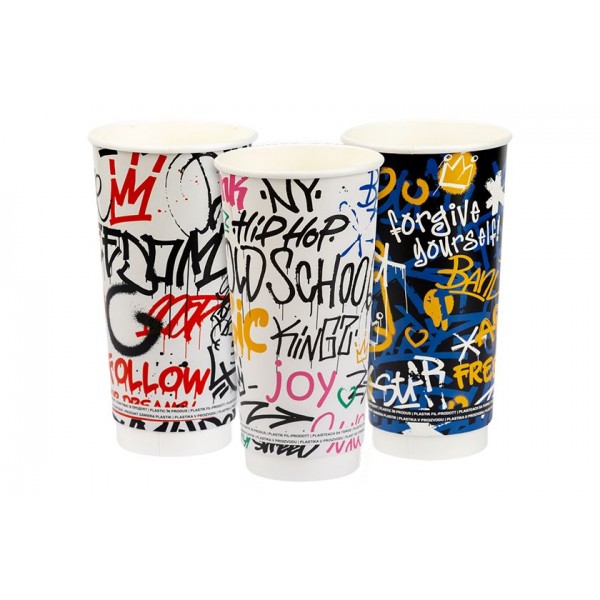 Pahare carton 590ml - 20oz, perete dublu, Graffiti Mix, D90, 25buc Pahare carton ripped 16,56 lei
