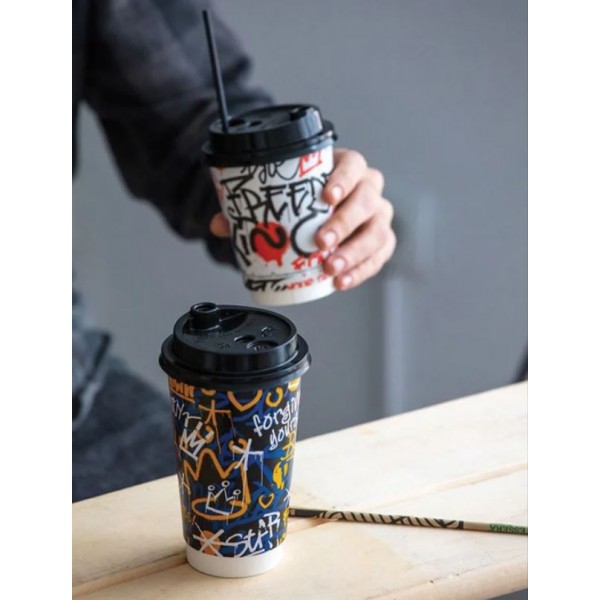 Capace negre, D90, cu orificiu baut si pai, 12oz si 16oz, 100buc Produse 10,17 lei