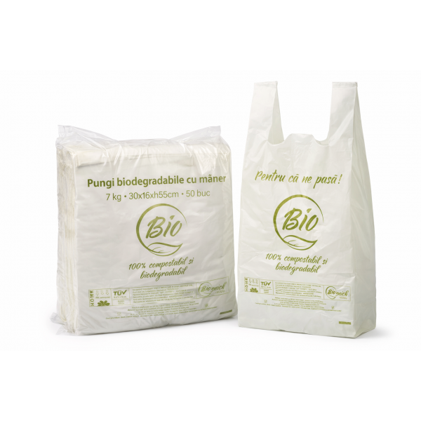 Pungi biodegradabile cu maner, 7kg, 30*16*h55 cm, 50buc Pungi biodegradabile 30,72 lei
