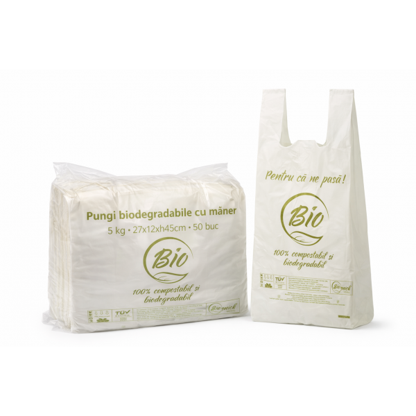 Pungi biodegradabile cu maner, 5kg, 27*12*h45 cm, 50buc Pungi biodegradabile 17,88 lei