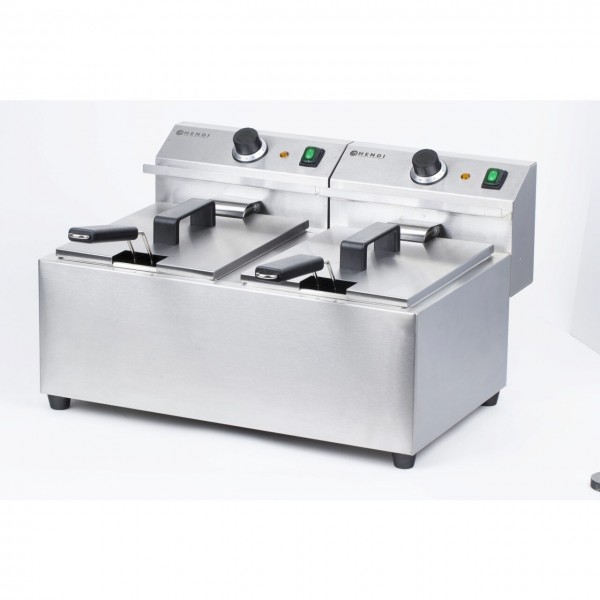 Friteuza electrica profesionala MasterCook dubla, 2x8 litri, corp inox, termostat reglabil 0-195°C, 2x3500W
