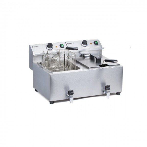 Friteuza electrica profesionala MasterCook dubla, 2x8 litri, cu robinet, corp inox, termostat reglabil 0-195°C, 2x3500W