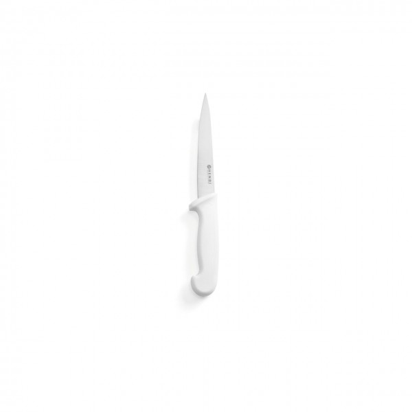 Cutit bucatarie profesional, transat carne, lama inox 15 cm, maner alb, lungime cutit 30 cm, norme de igiena HACCP,