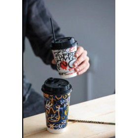 Capace negre, D90, cu orificiu baut si pai, 12oz si 16oz, 50buc Produse 6,05 lei